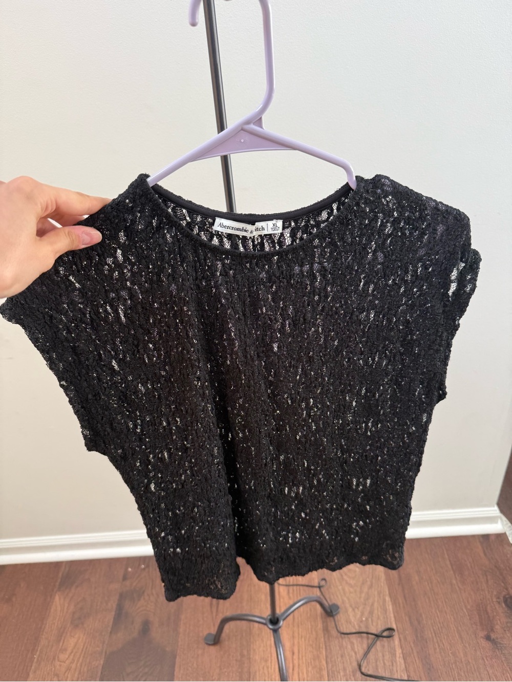 Abercrombie & Fitch Black Lace Openwork Short Sleeve Top